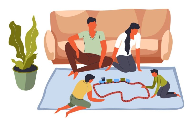 Family staying at home, mother and father watching kids game with toy trains at railway station. Interior of living room with sofa, carpet and decorative plant. Parents and kids vector in flat style