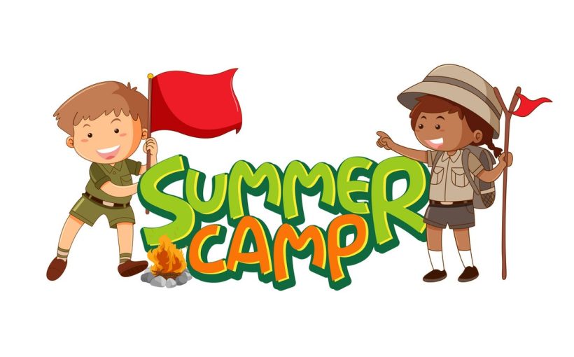 Font design for word summer camp with kids in scout uniform illustration